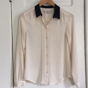 LOFT cream colored blouse with blue collar